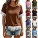 thumbnail image 1 of Neewe Women's Short Sleeve Fringed Hem Knit Vest Summer Lightweight Plain Crewneck Tops Daily Outfits, 1 of 8