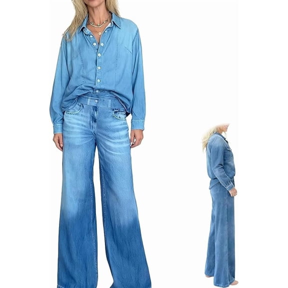 Women’s Denim Dreams Pajama Set, Denim-Inspired Soft Stretch Denim PJs, Relaxed Top & Flowing Pants for Cozy Lounging, Comfortable & Stylish Denim Dreams PJs