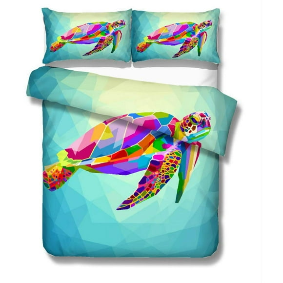 Turtle Boy/Kids Bedding Set 3D Digital Geometric Pink/Blue/Yellow/Purple Rainbow Colored Sea Turtle 3 Pieces King Duvet Cover Twin Full Queen (Sea Turtle-Blue,US Twin)