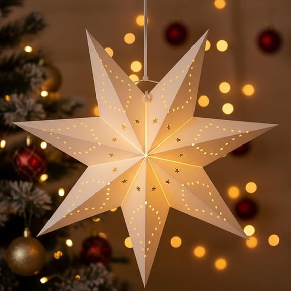 7 Pointed Star Paper Lantern with Warm LED Light, Foldable Hollow Star Cutout Hanging Lamp, Christmas Holiday Window Ceiling Decor for Mall Shop Home Party Ornament