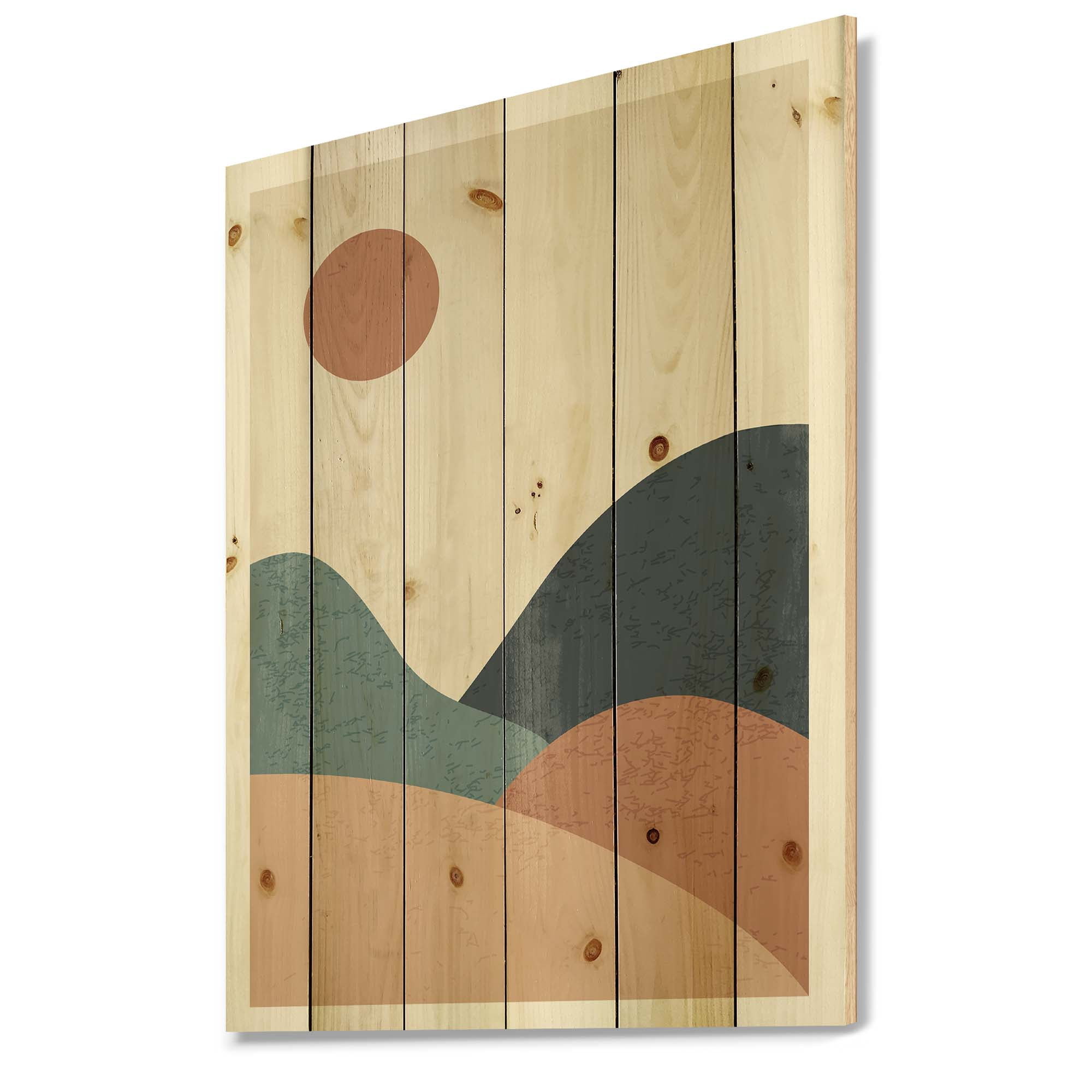 Designart 'Minimalist Vintage Landscape With Lake At Sunset' Modern Print on Natural Pine Wood