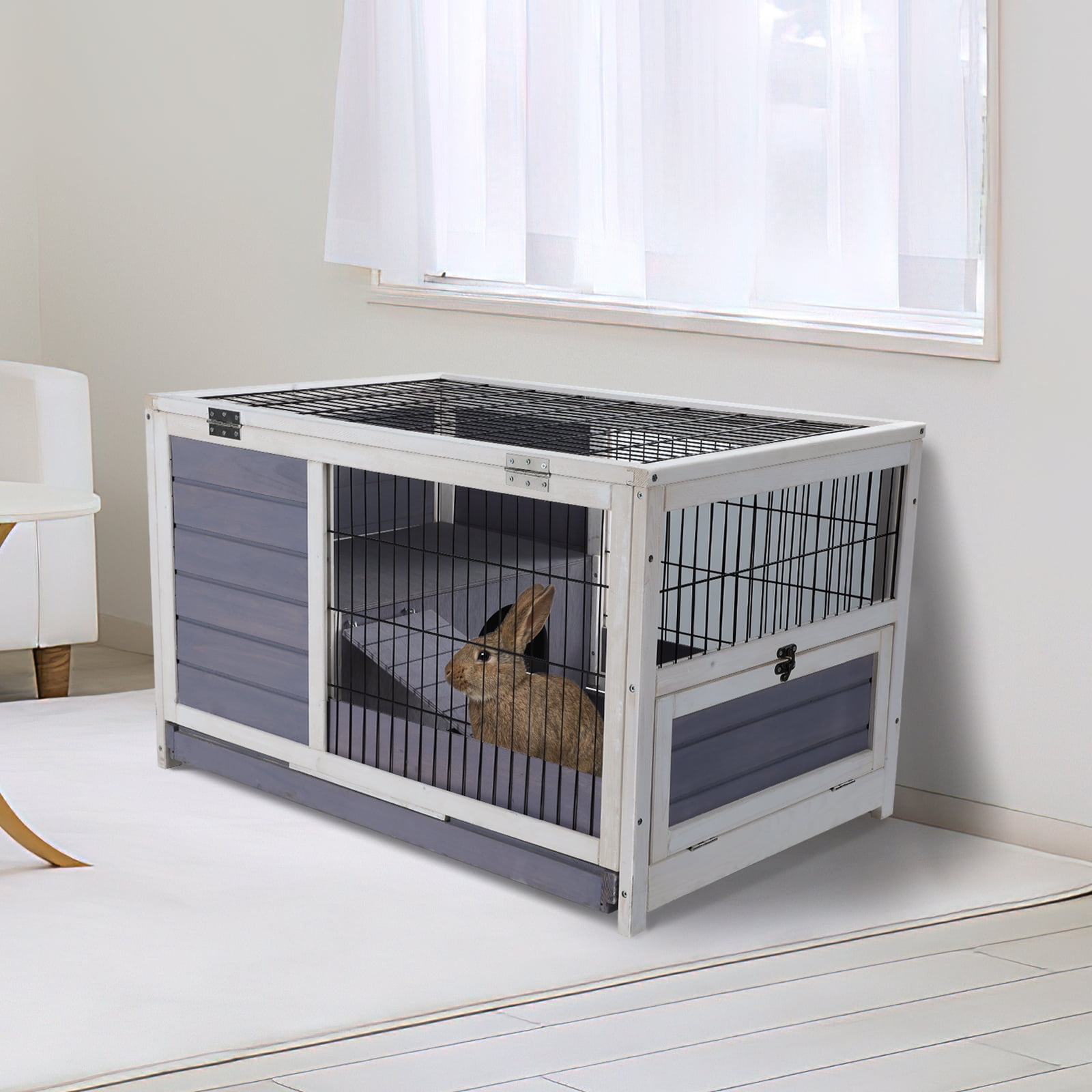 Petsfit Guinea Pig Rabbit Cages，Wooden Indoor Rabbit Hutch with Hideout for Rest and Ramp for Enter and Out