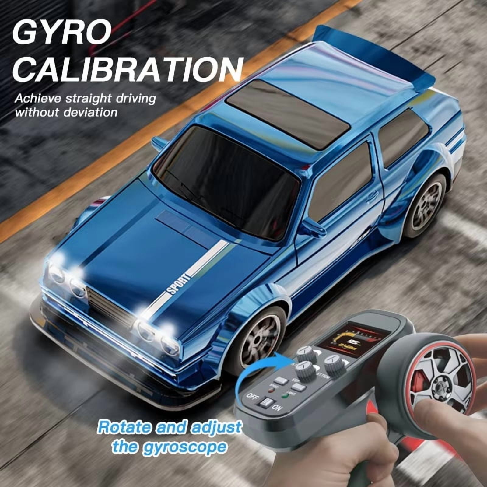 1:43 Scale RC Drift Car with Gyroscope, 2.4G High-Speed Full-Scale Remote Control Car, 4WD Mini Racing Vehicle with LED Lights for Adults and Hobbyists, KF30 - Blue/2 Batteries