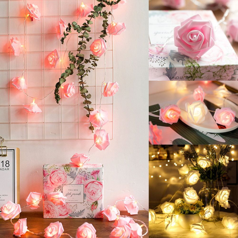 20 Led Rose Flower Light Wedding Party Xmas String Battery Bedroom Decor Pink 