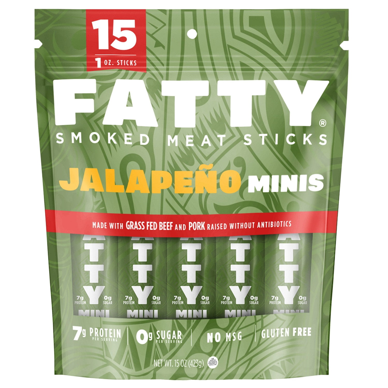 Fatty Smoked Meat Sticks Jalapeno Minis, 1 Ounce (Pack of 15)