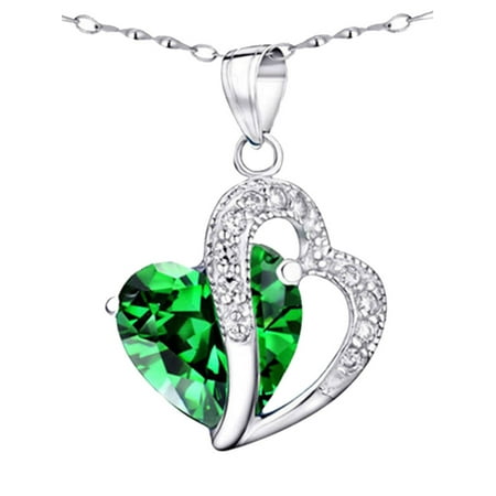 - 5.66 Carat TCW Double Heart Created Emerald 925 Sterling Silver Necklace Pendant with free 18 Chain