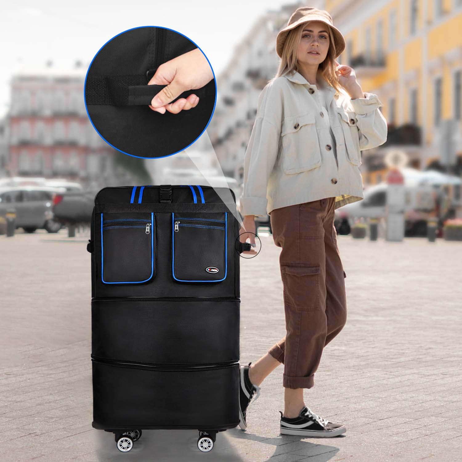 30" Expandable Foldable Luggage Bag,Collapsible Suitcases with Wheels,Lightweight Rolling Duffle Bag for Travel, Moving, Home Storage, Blue/Trim, MEX