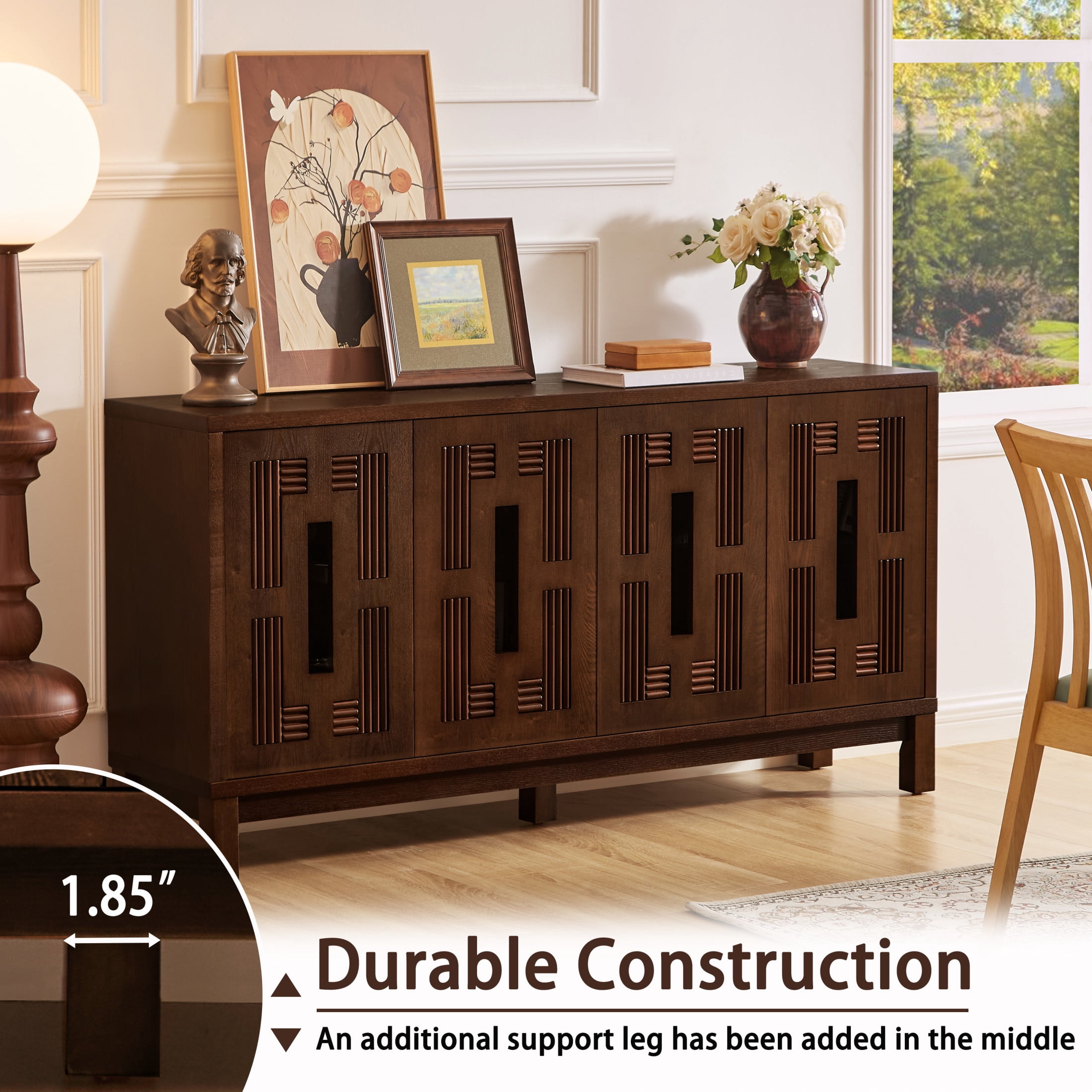 GDF Studio 60.7" Mid Century Modern Sideboard Cabinet with Doors, Adjustable Shelves, Carved Openwork, Walnut