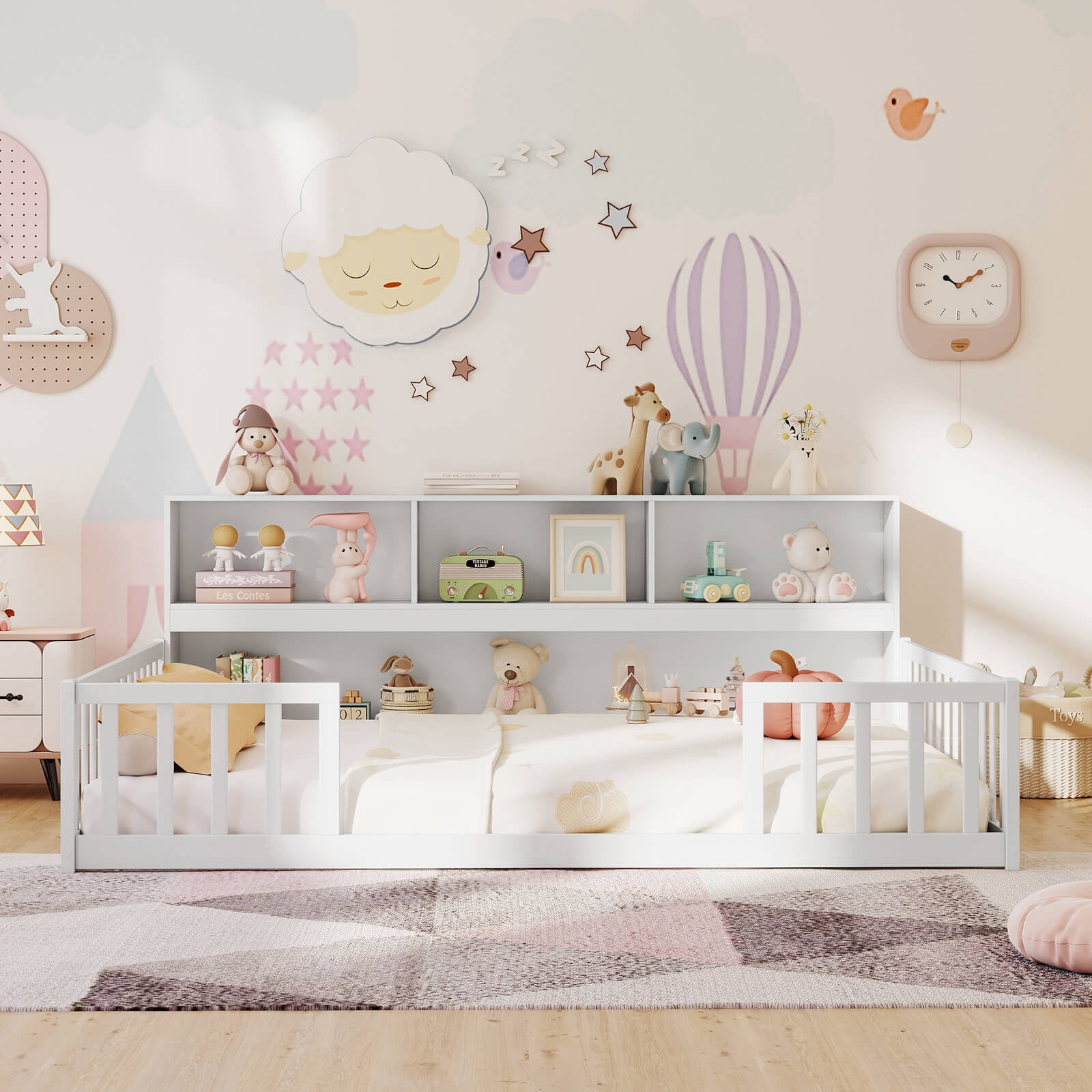 Costway Full Size Montessori Floor Bed with Bookcase Storage Shelves & Safety Fence Rails White