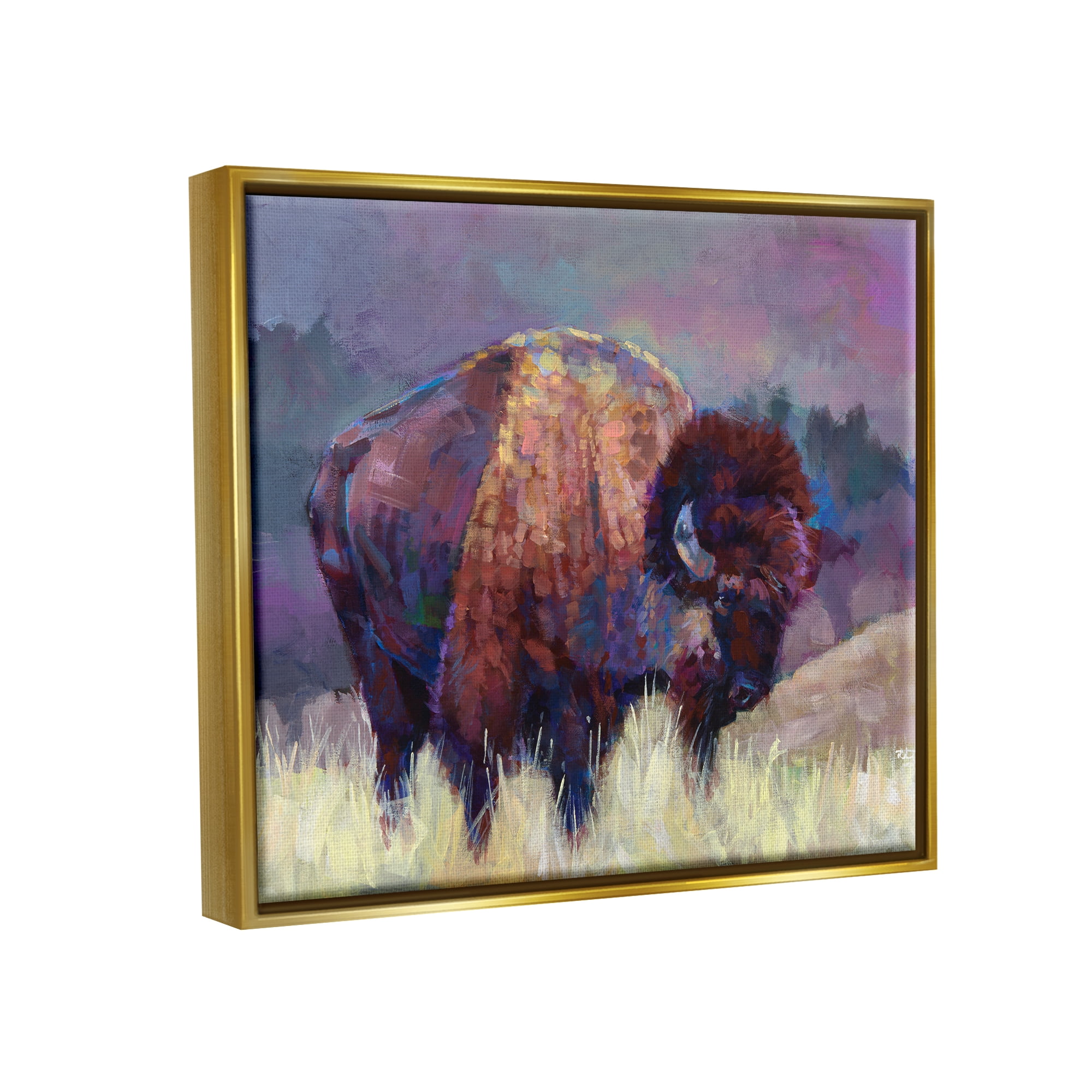 Stupell Industries Vibrant Bison Grazing Rural Meadow Purple Landscape Painting Metallic Gold Floating Framed Canvas Print Wall Art, Design by Robert Jackson
