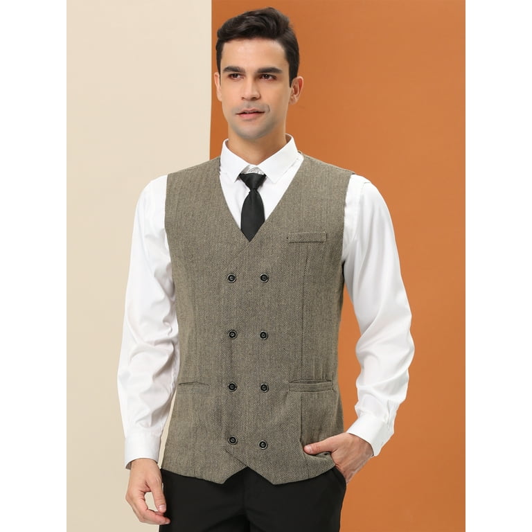 Unique Bargains Men s Dress Vest Double Breasted Slim Fit Prom Sleeveless Waistcoat S Khaki Walmart