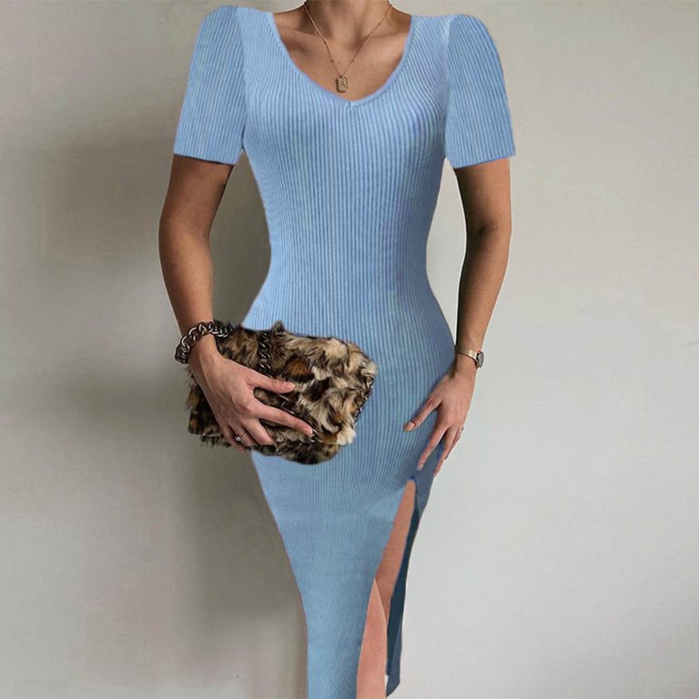 Womens Short Sleeve Midi Bodycon Dress V Neck Knit Ribbed Summer Split  Pencil Dress Plain Elegant Party Dress