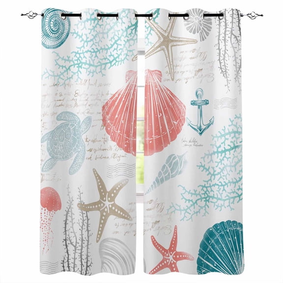 Teal Red Coastal Nautical Blackout Curtains 45 Inches Long, Beach Sea Turtle Ocean Coral Starfish Thermal Insulated Black Out Curtains, Darkening Curtain for Bedroom Living Room 52"x45" 2 Panels