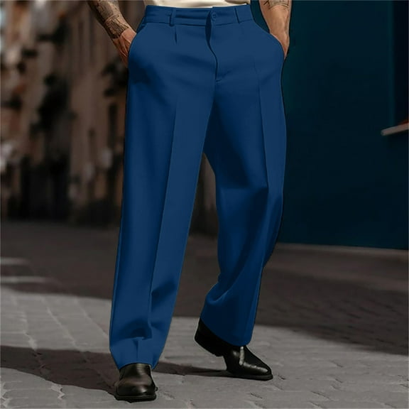 Mens Casual Dress Pants Old Money Pleated Baggy Wide Leg Vintage Relaxed Fit Slacks Work Office TrousersNavy L