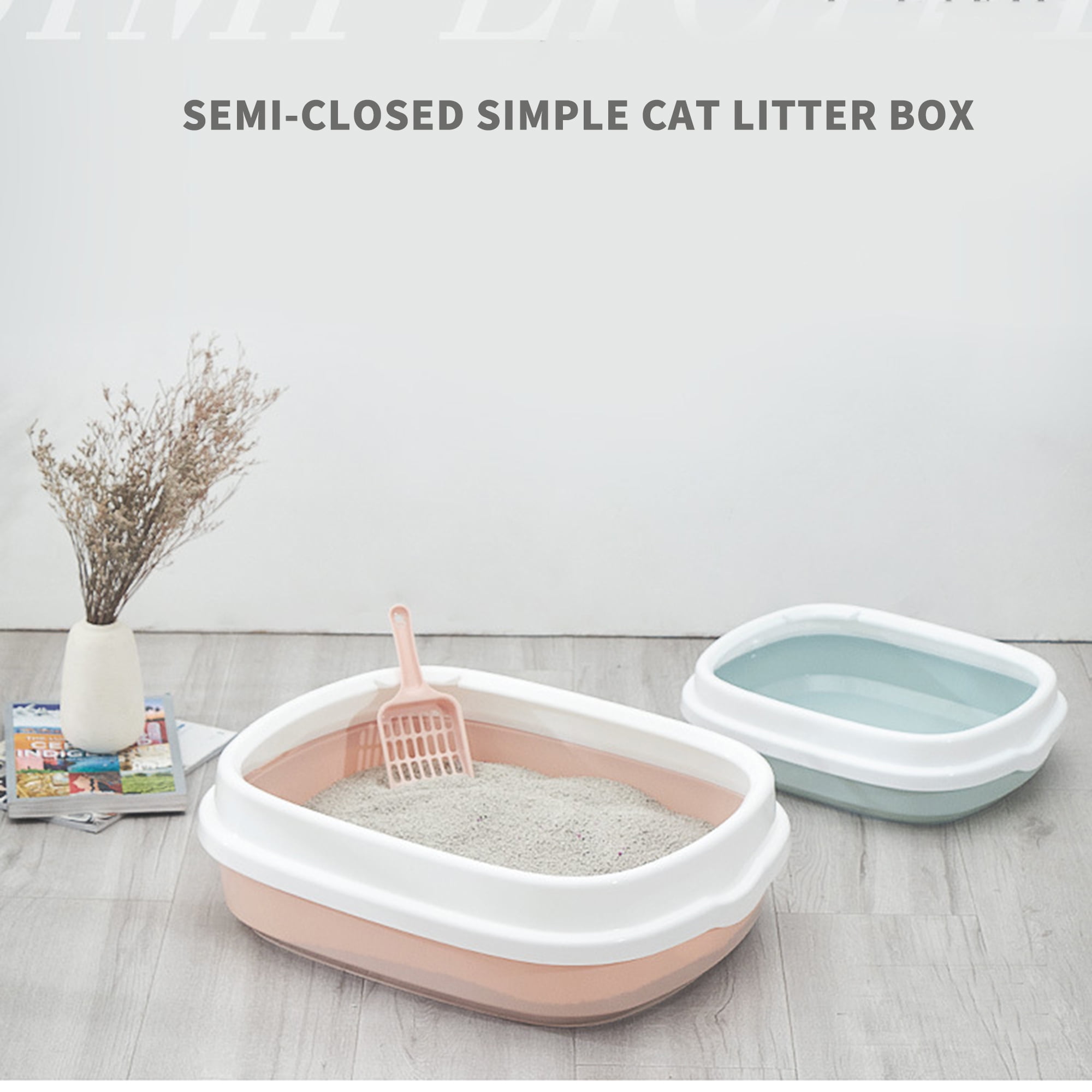 Semi-Closed Cat Litter Box with Scoop and Shield Cat Toilet PP Durable  Design Pet Cleaning Supplies Litter Box, Easy to Clean,40x33.5x12cm,Pink 