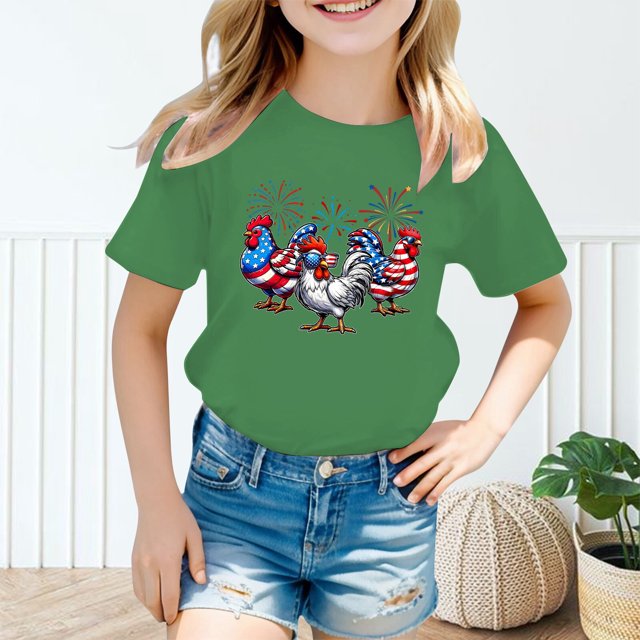iTNHFP Vêtements pour Filles Thème Jour de l'Indépendance Impression Mode Partie Imprimée Manches Courtes Col Rond T-Shirt Hauts