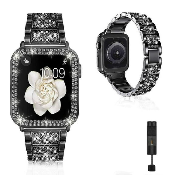 Pozyie Compatible with Apple Watch Band 45 mm with Sparkling Diamond Case for Women, Jewelry Replacement Metal Wristband for iWatch Series,Black