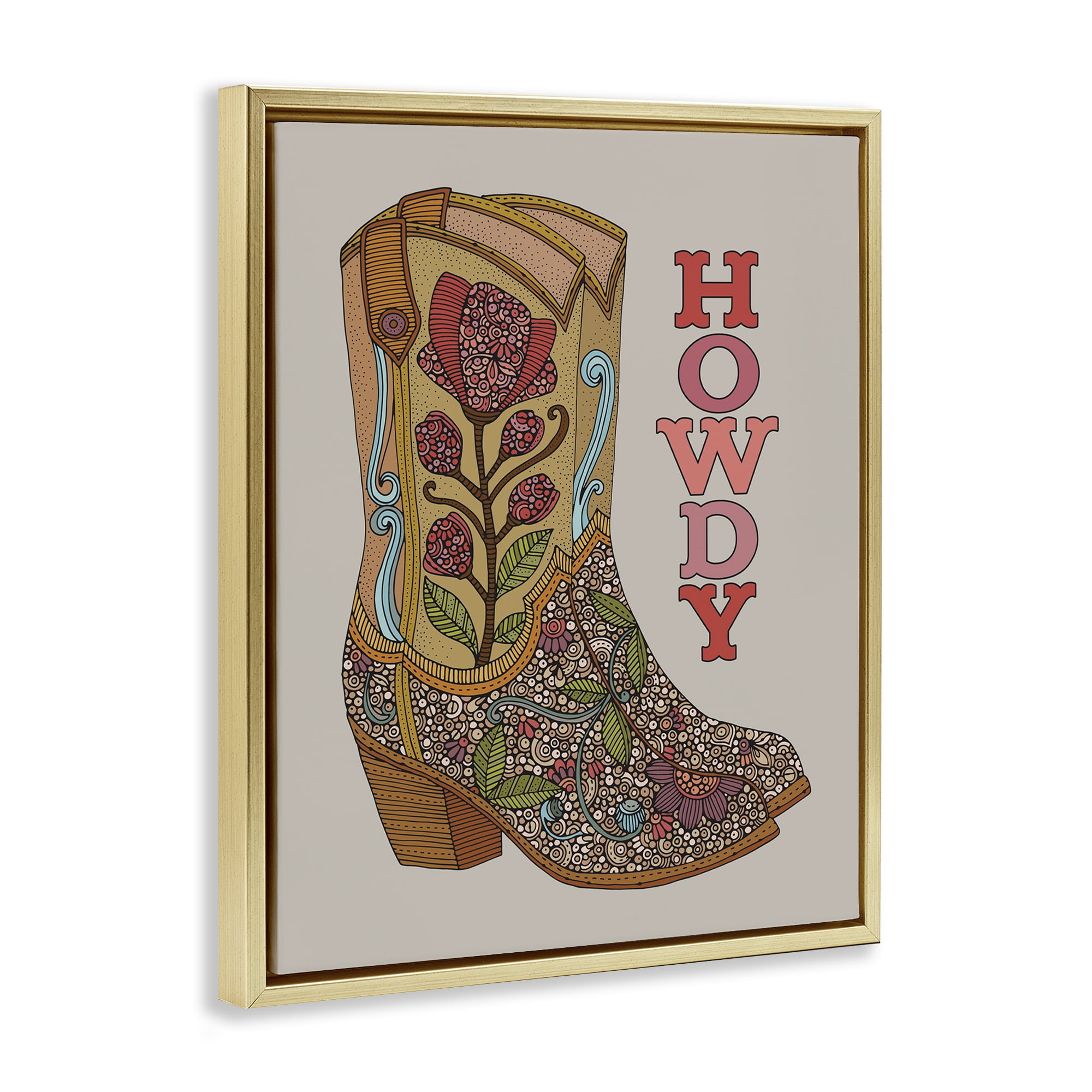 Stupell Industries Howdy Cowboy Boots Typography Painting Gold Floater Framed Canvas Art Print Wall Art, 25 x 31