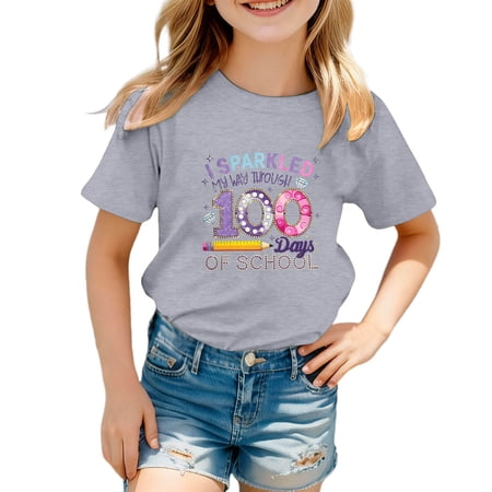 lnmuld Girls Cute Summer Tops Graphic Print Short Sleeve Tee Shirt Casual Crewneck Top for School Season Comfortable Daily Wear Color:Grey Size:3-4 Years