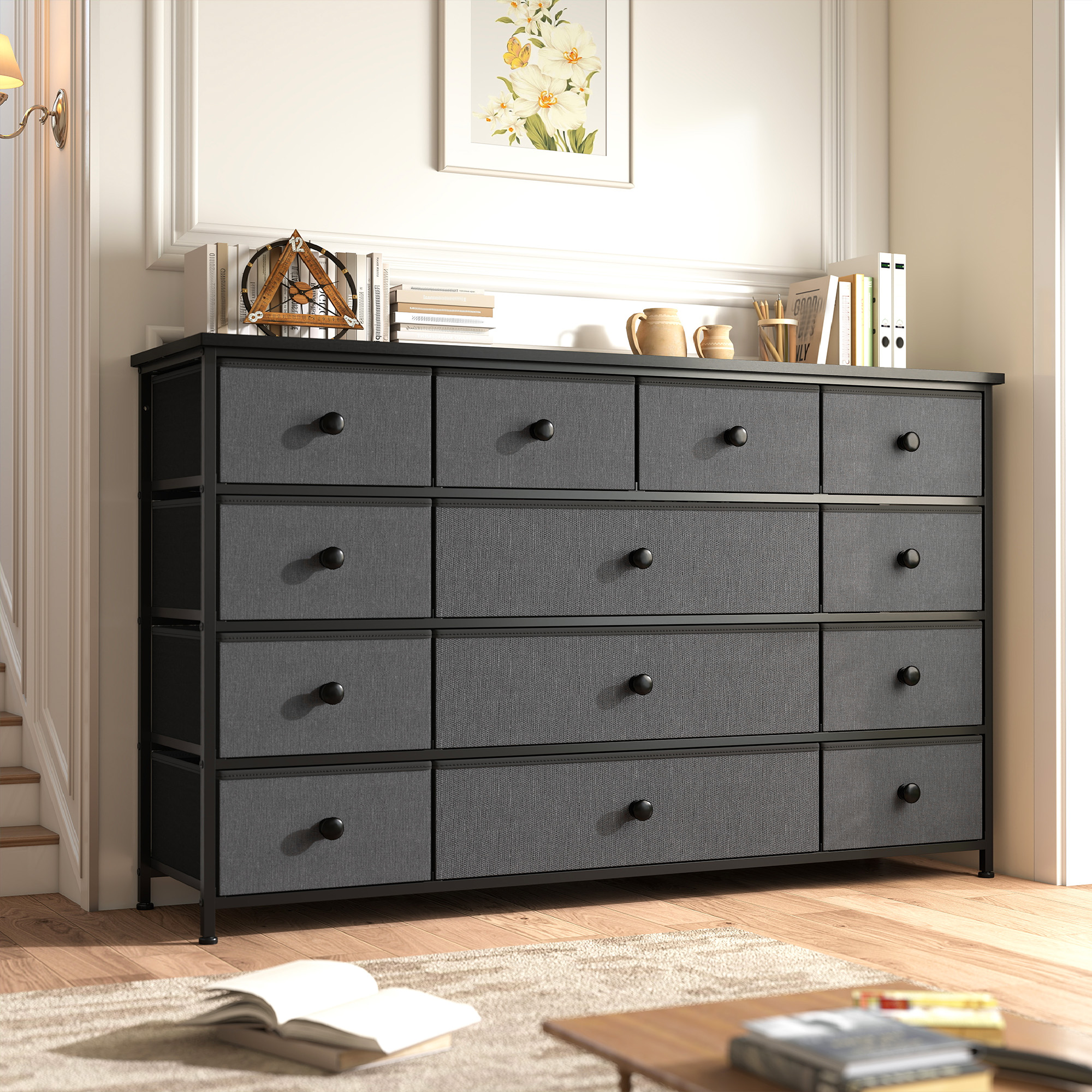 Romorgniz Dresser TV Stand, 13 Drawer Dressers for Bedroom, Chest of Drawers for 45" Long TV, Fabric Dresser for Storage, Gray