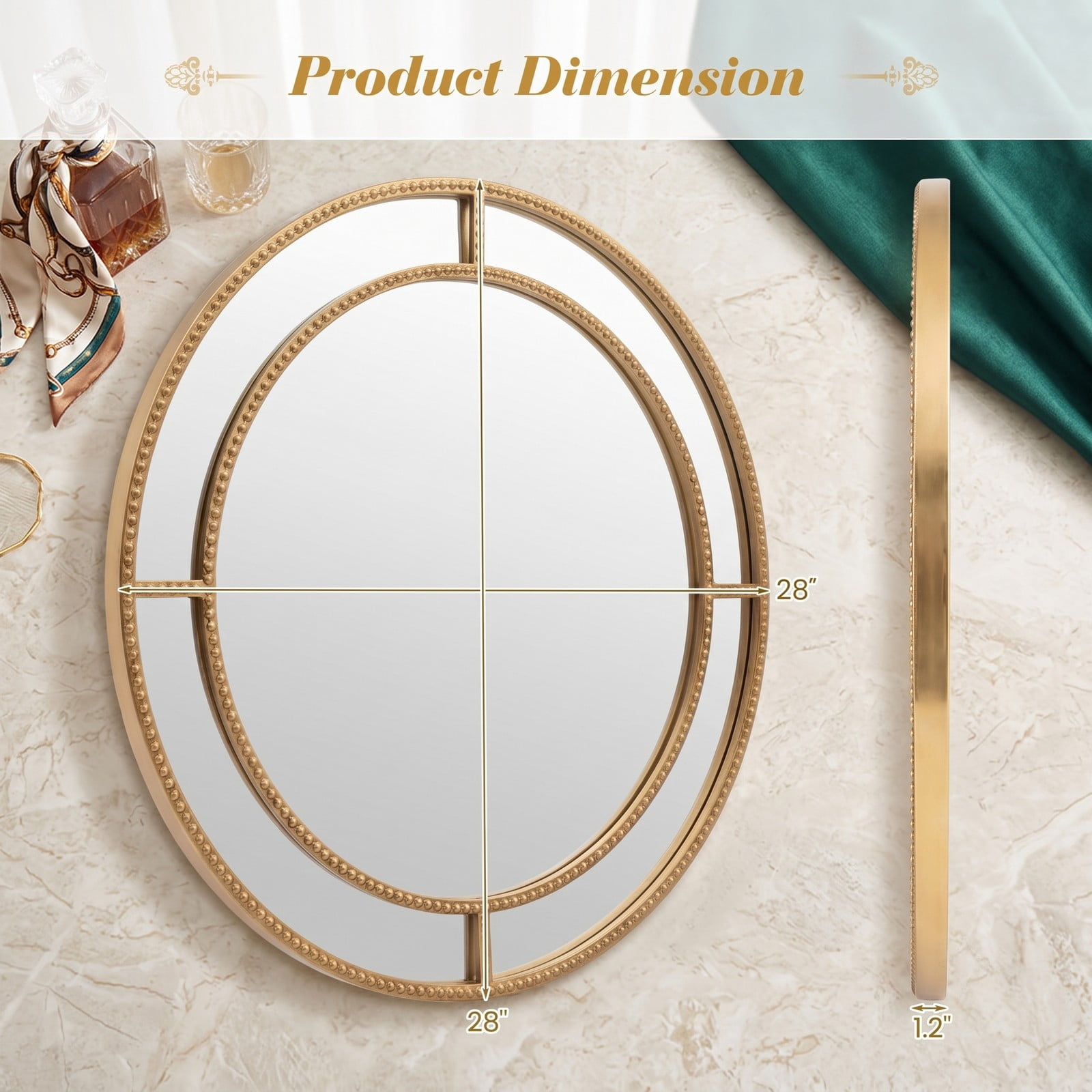 ALPULON 28 Inch Round Wall Mirror with Gold Beaded Metal Frame, HD Distortion-Free Decorative Hanging Mirror for Living Room Bedroom Entryway Bathroom, Gold