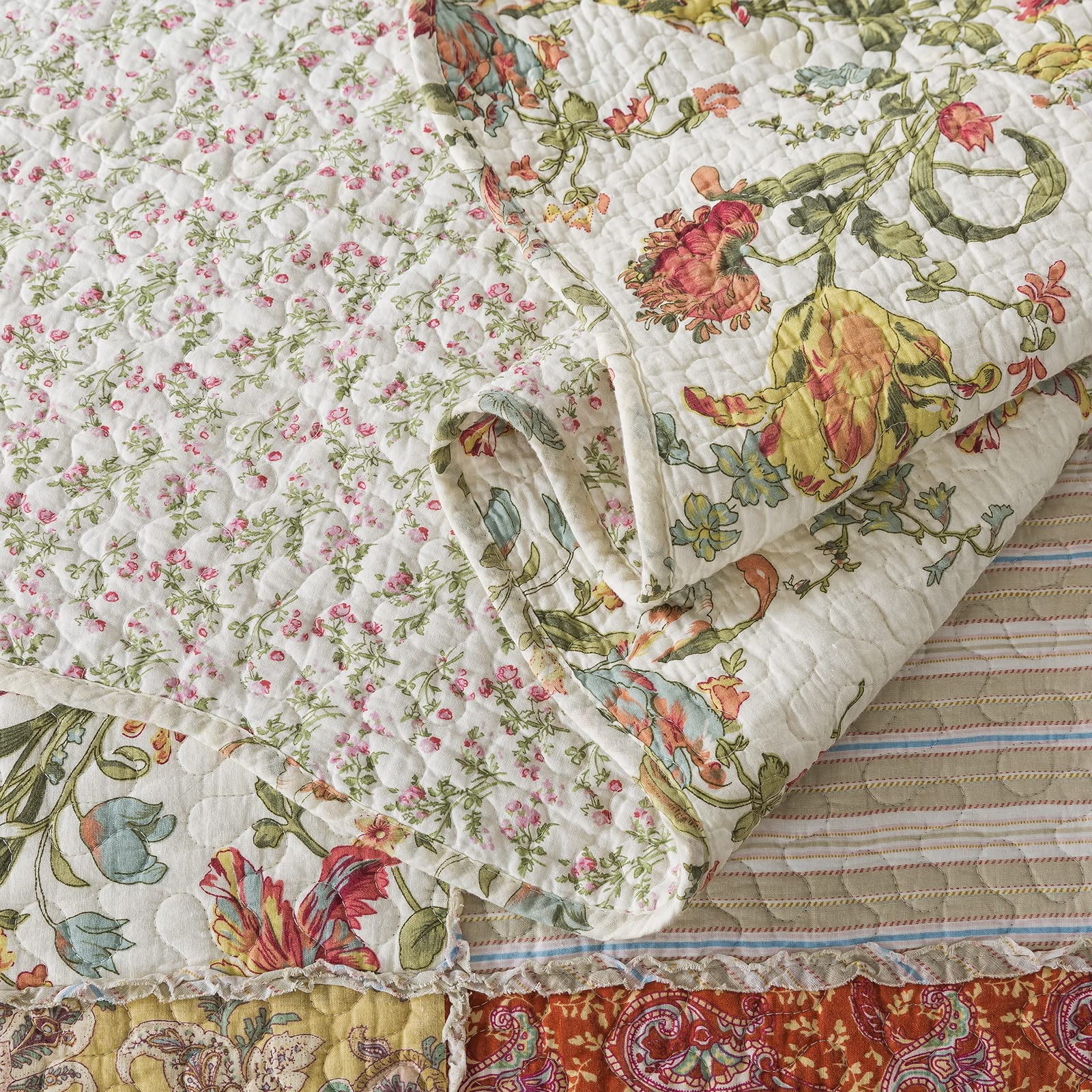 WannaToo Cotton Bedspread Quilt Set for All Season, Beige Patchwork, Queen