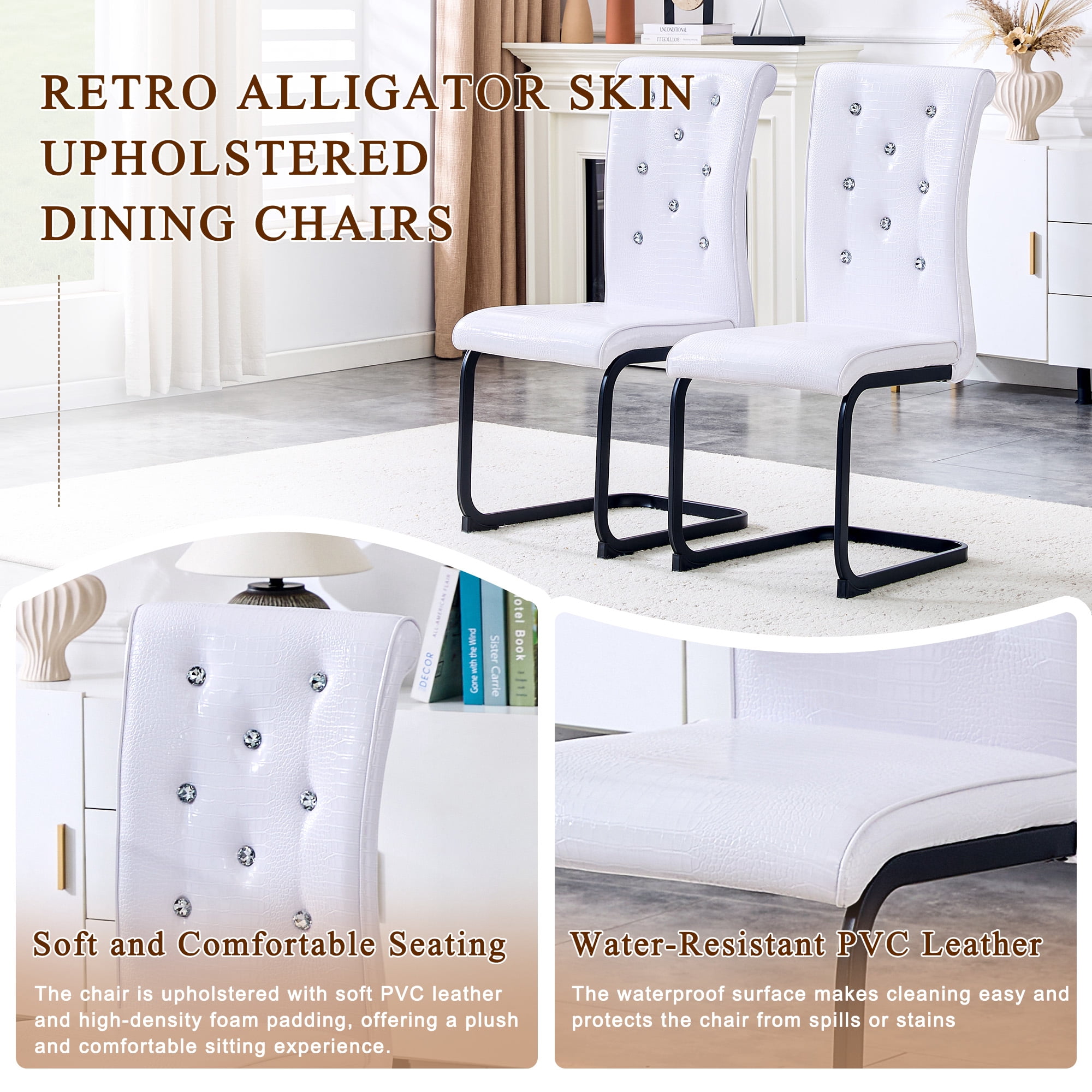 Aukfa Modern Dining Chairs Set of 2 , 400 lbs Heavy-Duty Faux Alligator Leather Kitchen Chairs with Crystal Button Tufted High Back,White