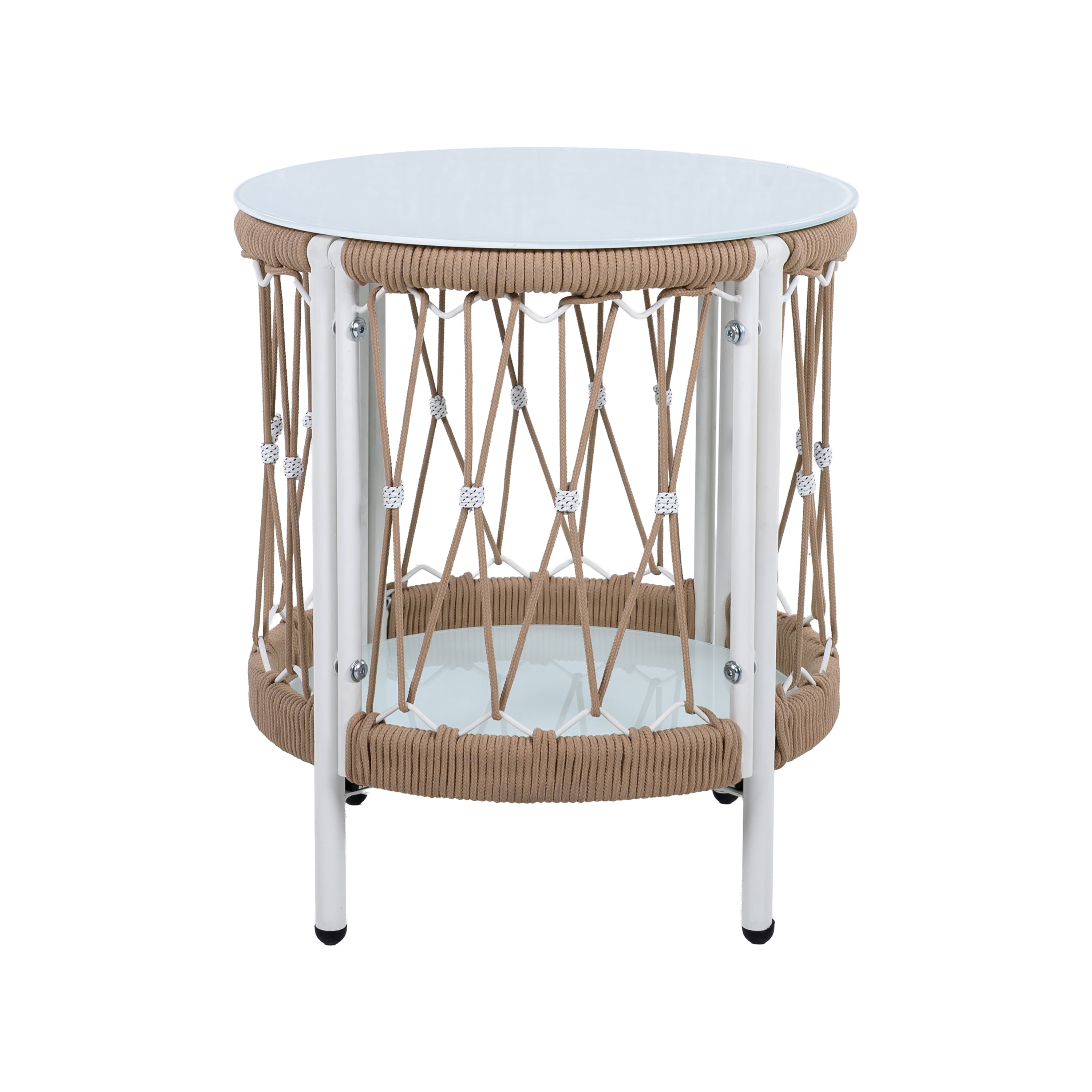 Bohemian Accent Side Table, 17.32 Inch Outdoor Table with Handwoven Rope and Steel Frame, Brown