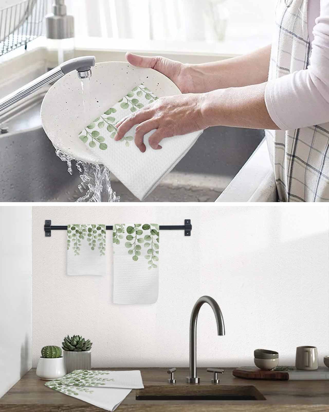 Sage Green Eucalyptus Leaves Dish Towels Set, Waffle Weave Kitchen Towels 3 Pieces, Spring Country Botanical Microfiber Hair Face Bath Tea Towel Absorbent Quick Drying Cleaning Dish Cloths 12"x12"