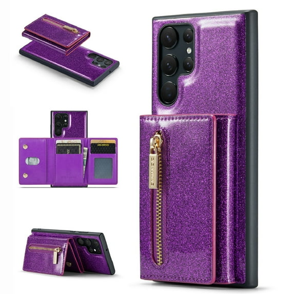 Nalacover Zipper Wallet Case for Samsung Galaxy S22 Ultra with Card Slots Holder Magnetic Kickstand, 2 in 1 Design Luxury Shining PU Leather Shockproof Anti-Scratch Cover for Galaxy S22 Ultra,Purple
