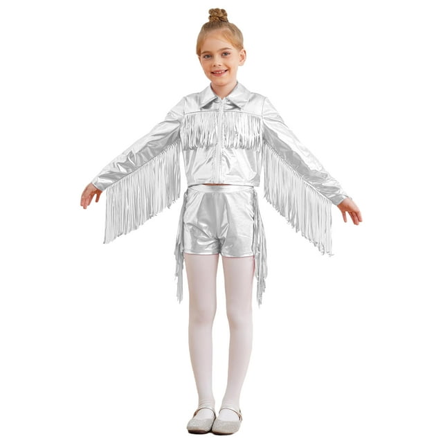 TSSOE Girls 90s Theme Concert Rave Disco Hip Hop Dance Outfit Cowgirl Shiny Metallic Fringe Jacket with Shorts Set Silver 14