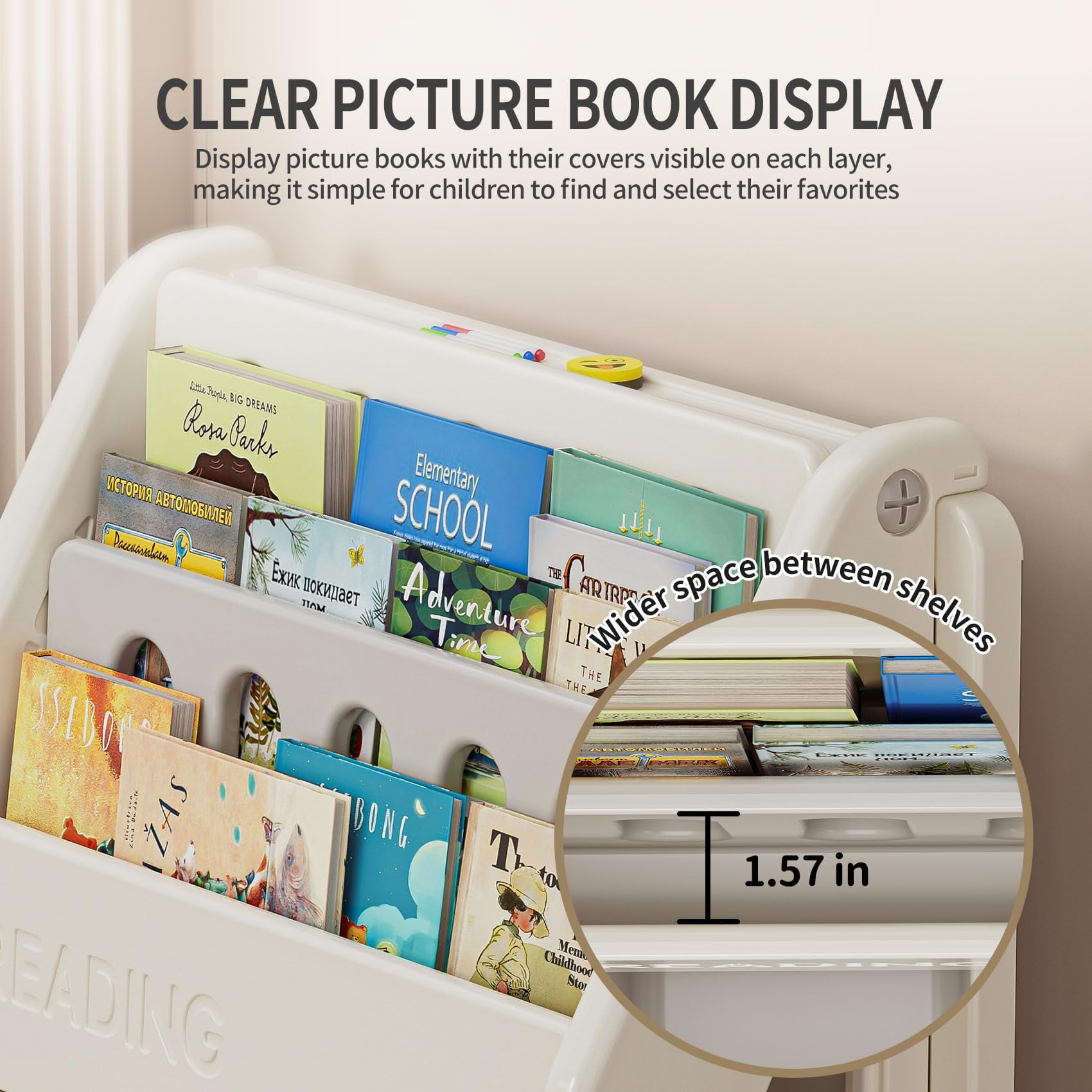 UNICOO® Toddler 3 in 1 Art Board Bookshelf and Organizer, 2-Tier Bookshelves with Storage Rack & Bins, Retractable Drawing Board, Lightweight & Compact for Nursery, Playroom(Grey & White)