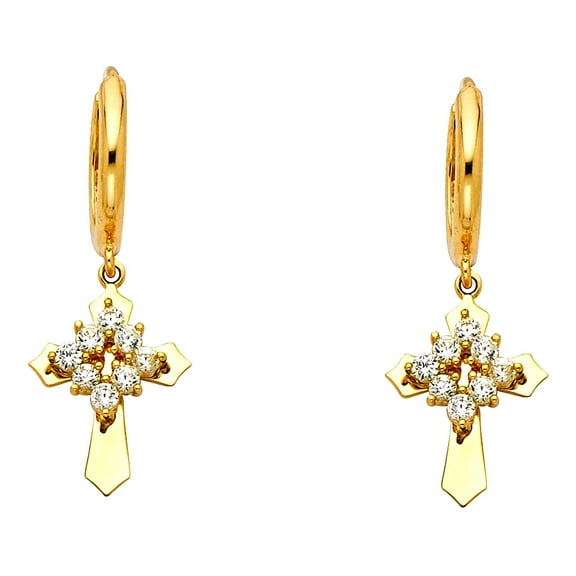 Ioka - 14K Yellow Gold CZ Stone Cross Hanging Huggies Earrings