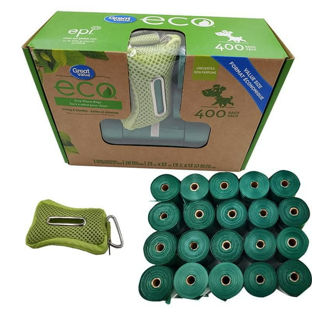 Eco Sacs à Déchets 400 Unités avec 1 Distributeur en Tissu, 23cm*33cm*15mic, 20 Sacs/rouleau, 20 Rouleaux/paquet