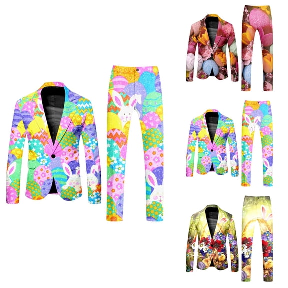 Mens Printed Button Long Sleeve Coat and Pants Two Piece Suit with Multi Pockets Slim Fit Floral Dinner Sport Coat Blazers for Holiday Party Events