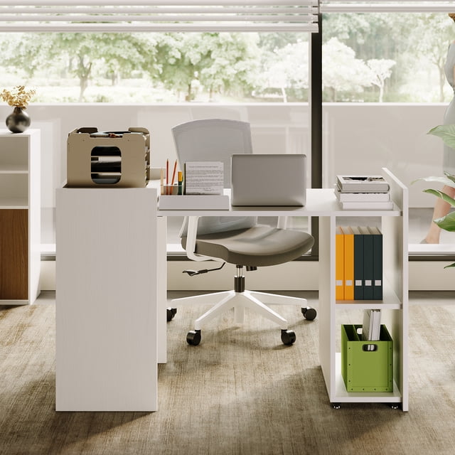 Qinaqin Escritorio de Computadora 50" Folding con Abierto Shelves Farmhouse Oficina en Casa Ruedas Profundidad Madera E x ecutive para Living Sala Dormitorio