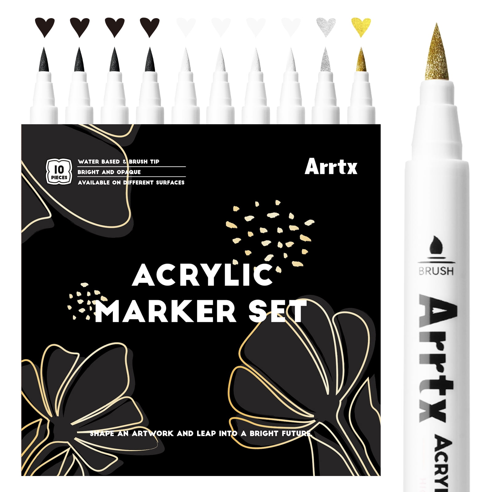 Arrtx 10Pcs Arcylic Paint Markers, Brush Tip Metallic Paint Pens for Rock Painting, Fabric, Glass, Water Based Ink, 4 White 4 Black 1 Gold & 1 Silver, DIY Art Supplies