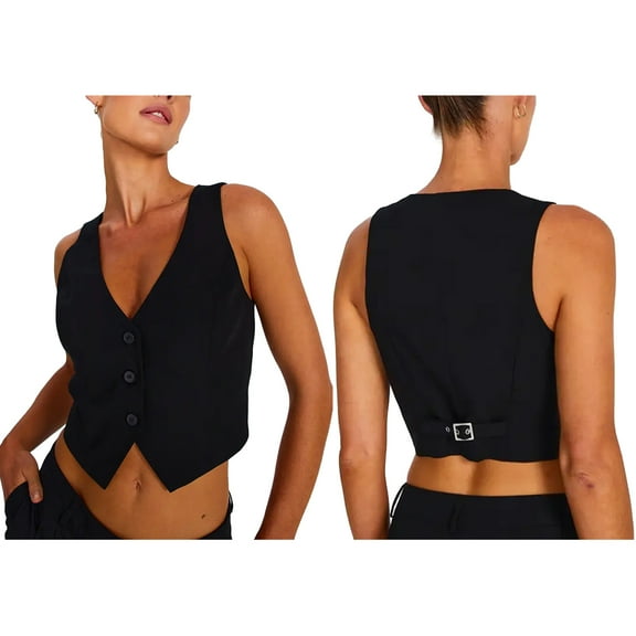 Women Casual Suit Vest Sleeveless V Neck Button Vest Tops Solid Color Regular Fitted Vests Waistcoat