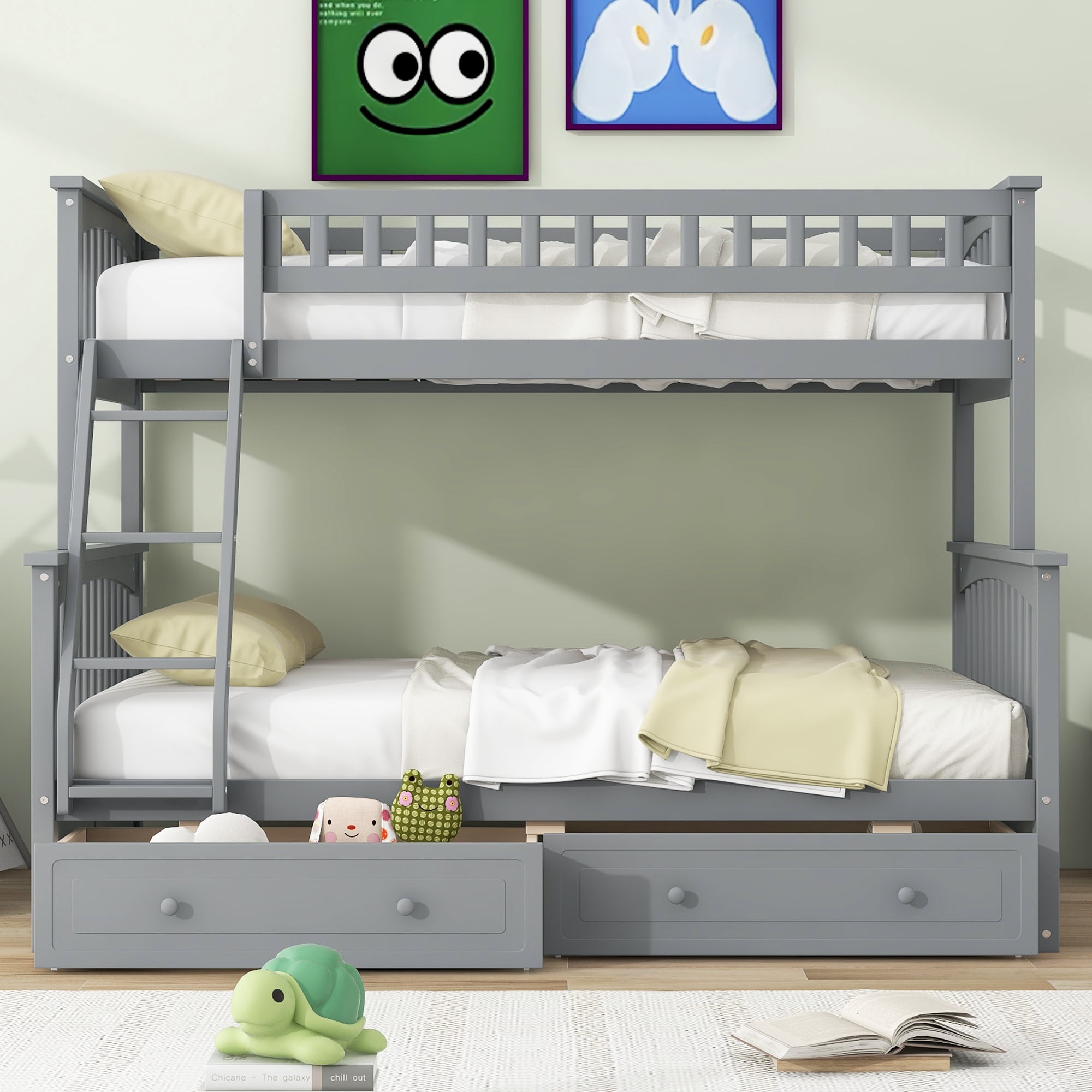 Euroco Wood Twin over Full Bunk Bed with Drawers, Convertible Two Beds in One, Gray