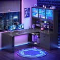 thumbnail image 4 of SEDETA L Shaped Office Desk with Storage, Large Home Office Desk with Power Outlets, LED Lights & Pegboard, Corner Computer Desk with 3 Drawers, 2-Tier Shelves & 3 Glass Doors, PC Workstation, Black, 4 of 9