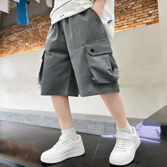Cethrio Boys Cargo Shorts, Knee Length Elastic Waist School Casual Summer Shorts Gray Size 10-12