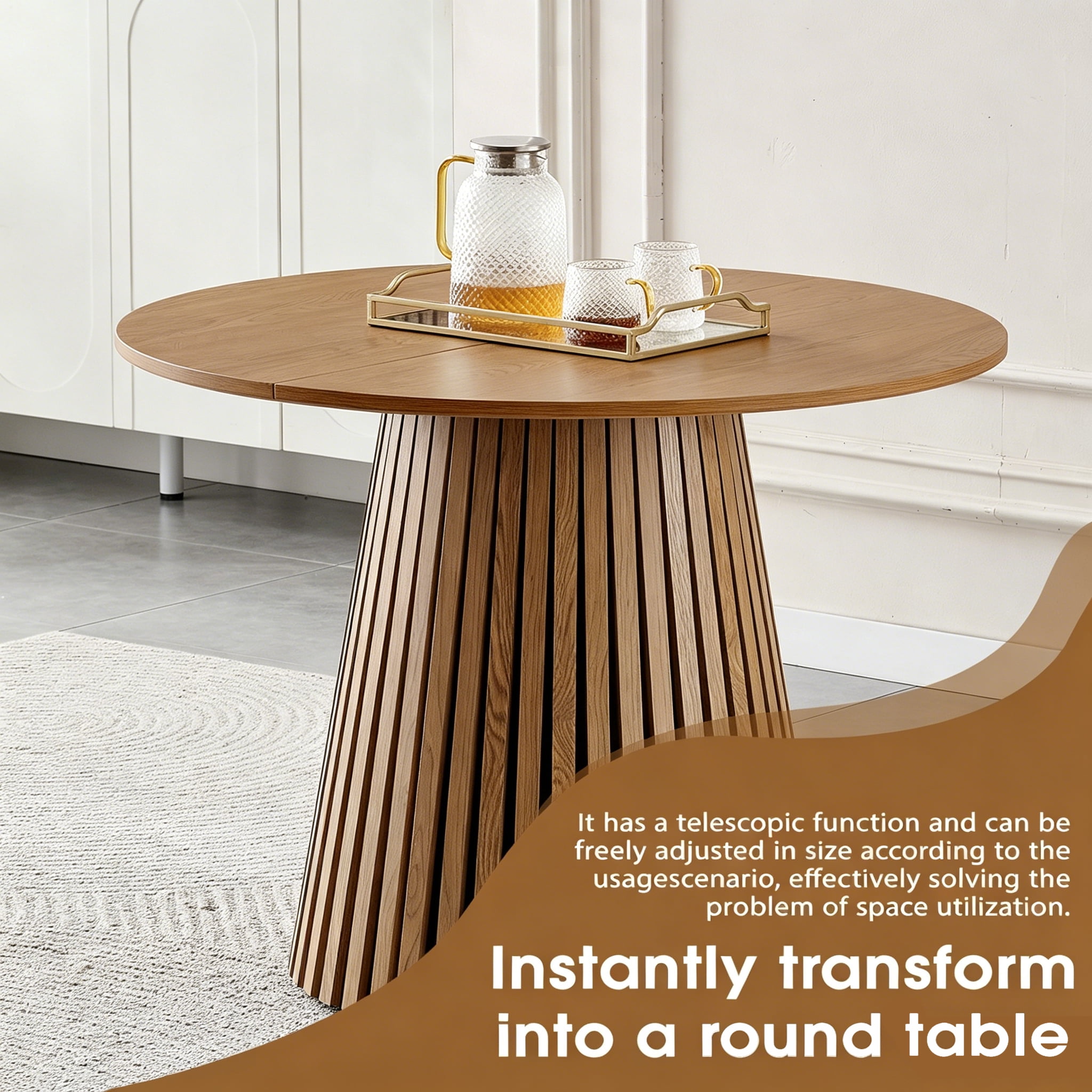 Dining Table 70.87 Inch, Extendable Kitchen Table with Oval Top and Slatted Wood Legs, Multi-Functional MDF Table for Dining Room and Office, Natural Wood