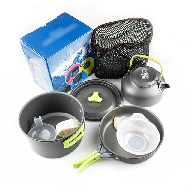 Camping Cookware Kit Kitchen Tableware with Folding Handle Hiking Picnic Traveling Fishing Backpacking Cooking Supplies Green