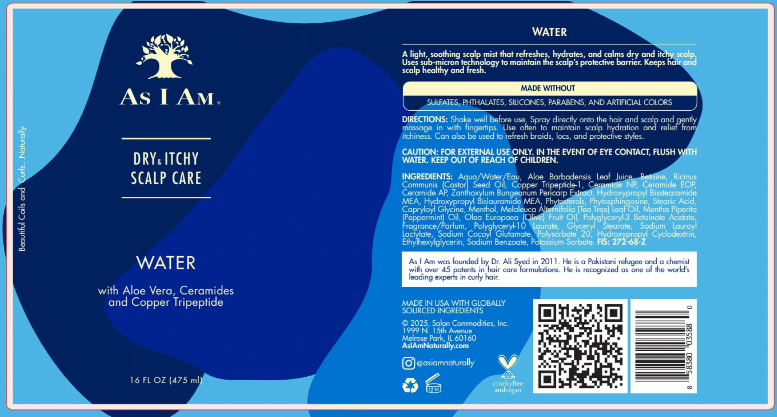 As I Am Dry & Itchy Scalp Care Water for Dry Scalp Flakes and Itch Hydrating Treatment 16 fl.oz. with Aloe Vera, Ceramides and Copper Tripeptide