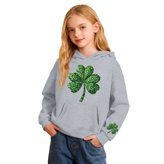 St. Patrick's Day Girls Hooded Sweatshirt With Print And Pocket Cozy Pullover Casual Kids Top Irish Green Pullover Hoodie 3-14Y