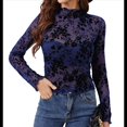 thumbnail image 3 of Blusa de Larga con Encaje y para Mujer, con Estampado Floral, Transparente, Cuello Alto, Ideal para Fiestas y Clubes Nocturnos Azul Marino XXL, 3 of 9