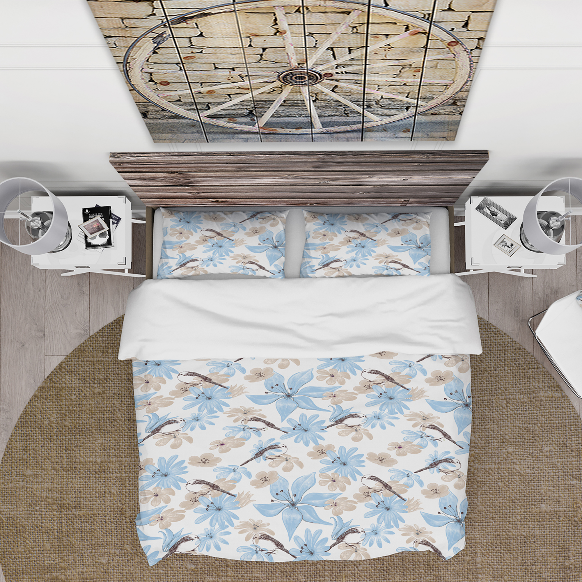 Designart 'Drawing of Blue Flowers with Little Bird' Floral Duvet Cover Set