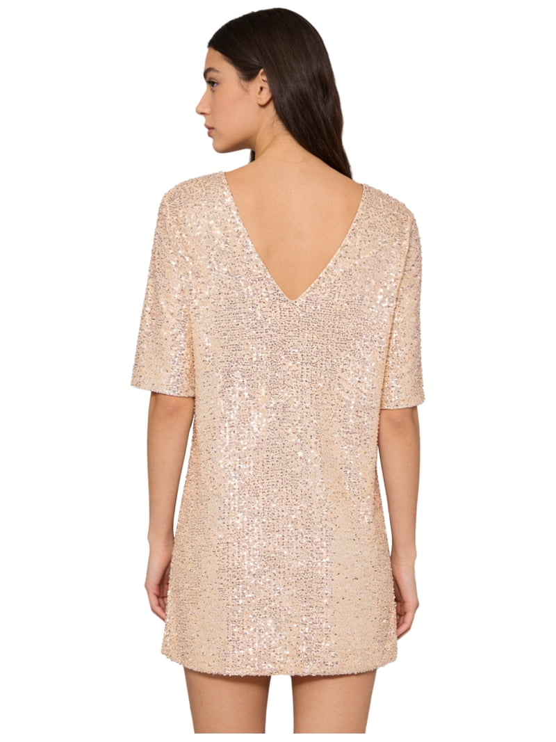 Haitryli Women's Shiny Sequin Dresses Short Sleeves Mini Dresses Oversized Shirt Casual Summer Dress Champagne M, Size: Medium, Brown