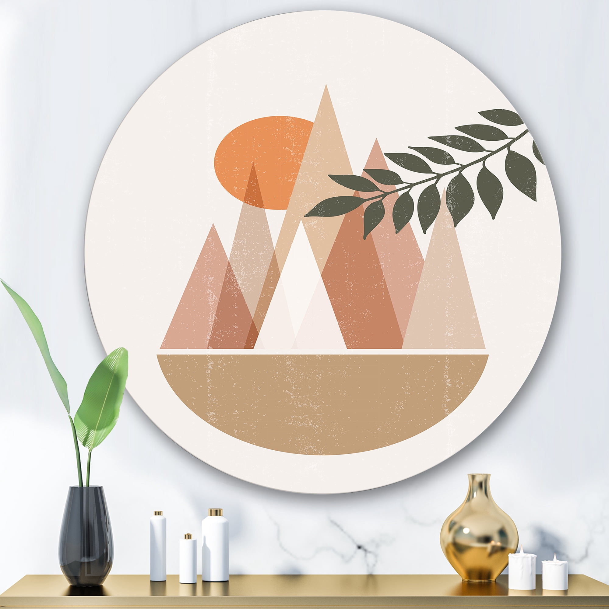 Designart 'Abstract Moon and Sun In Mountains II' Modern Circle Metal Wall Art 29x29 - Disc of 29