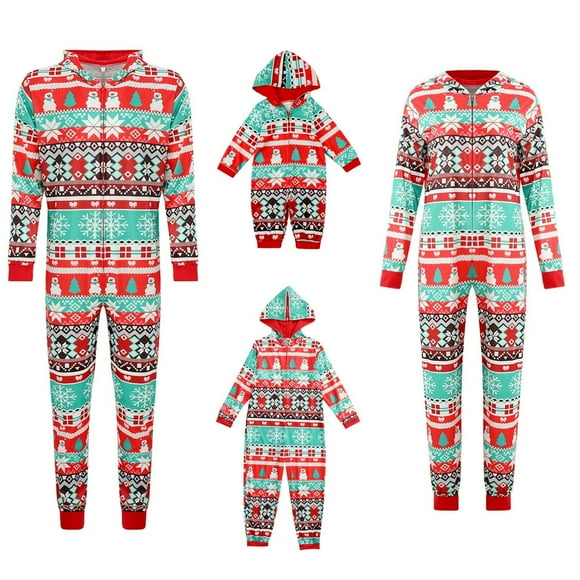 Family Christmas Matching Pajamas Hooded Onesies Snowflake One-Pieces Sleepwear Adult Kids Baby